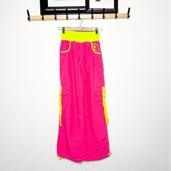 Zumba Electro Cargo Pants Lollipop Pink Neon Yellow Dance, Fitness, Rave Vibes M - Picture 1 of 5
